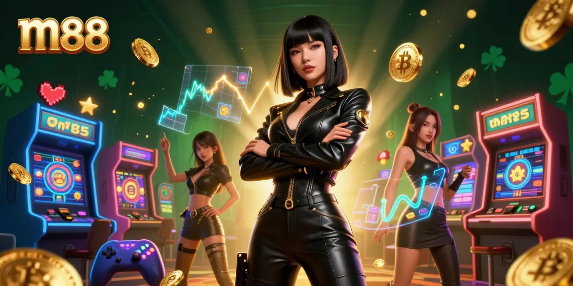 Experience thrilling wins with m88, showcasing a stunning Asian woman in a dynamic casino scene filled with vibrant gaming elements.