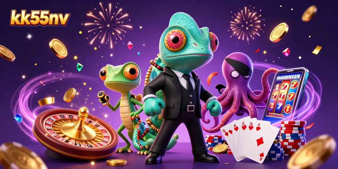kk55nv showcases a thrilling casino scene with characters, coins, and cards in action.