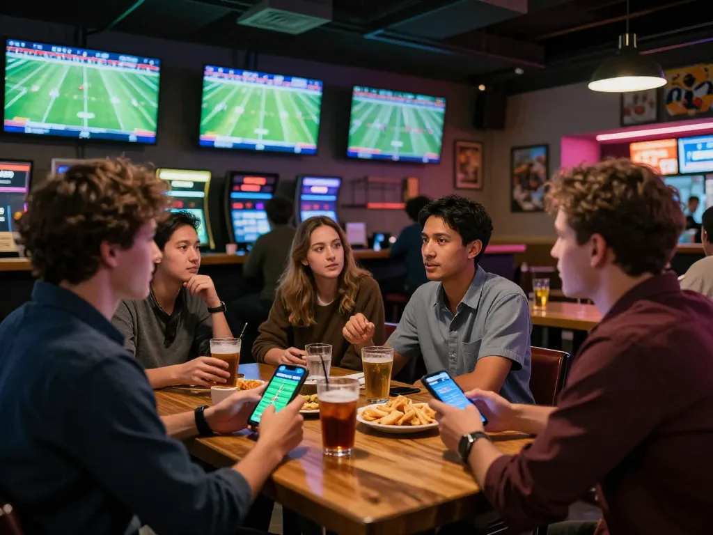 Bongdalu users cheering and placing bets on football matches in a lively sports bar.