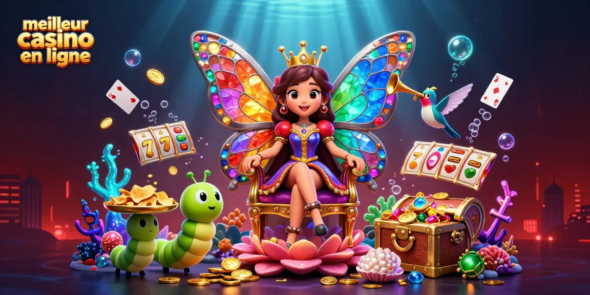 Visualisez le meilleur casino en ligne avec une reine des papillons illuminée, entourée de jeux variés et d'une ambiance dynamique.
