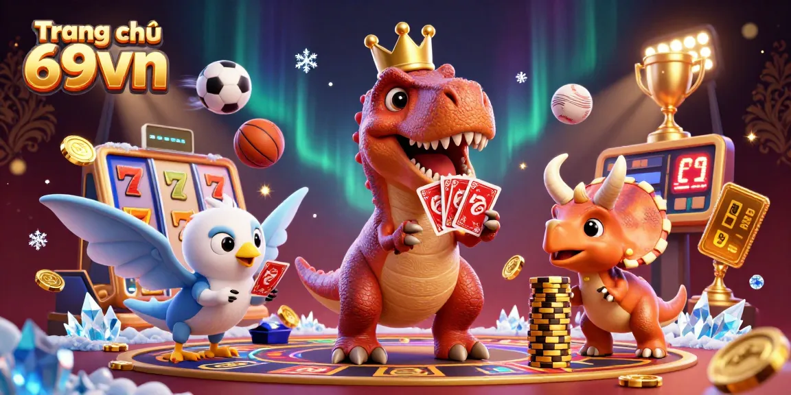 Win big at Trang chủ 69vn with a lively 3D T-Rex card game scene and vibrant casino elements.