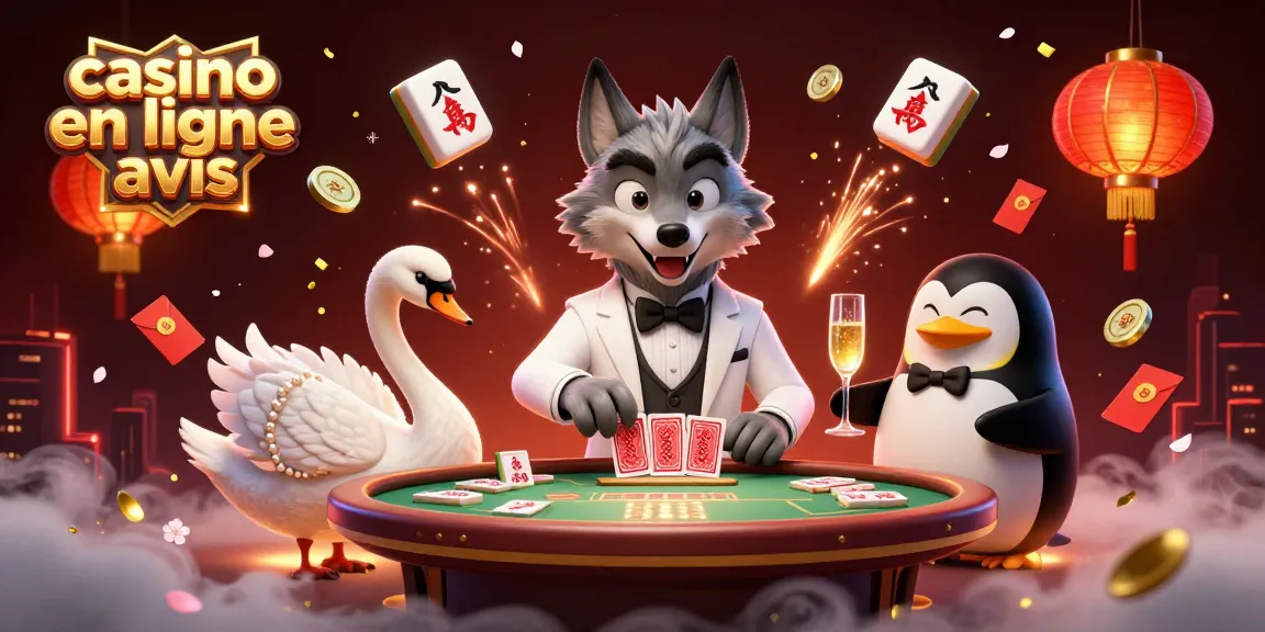 Illustration dynamique de avis de casino en ligne avec un loup, un cygne et un pingouin dans l'ambiance des jeux.