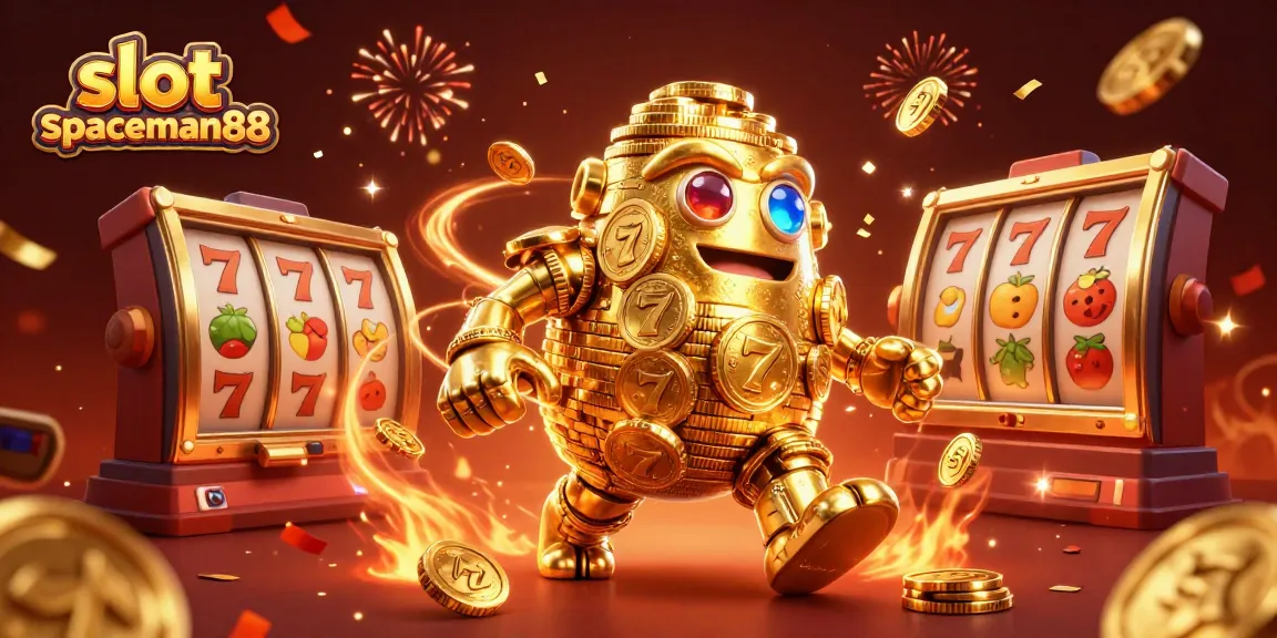 Spin to win big with slot spaceman88 featuring a golden golem, vibrant games symbols, and festive decor.