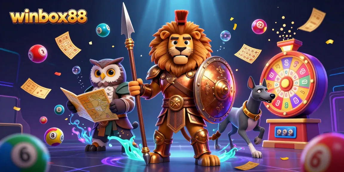 Winbox88 showcases vibrant 3D casino action with a Spartan lion, owl, and greyhound amidst colorful lottery elements.