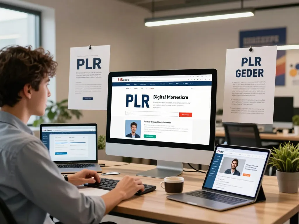 Buy PLR Products Online in a vibrant e-commerce workspace with a professional browsing digital PLR marketplace.