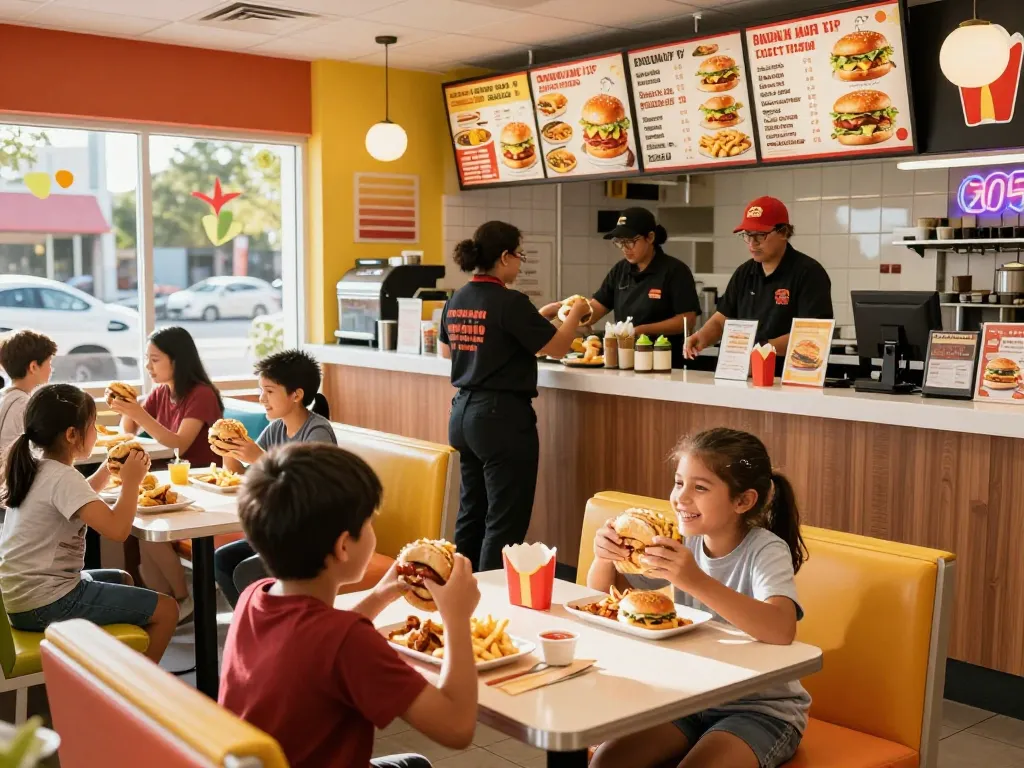 Fast food prices displayed in a lively restaurant with families dining.