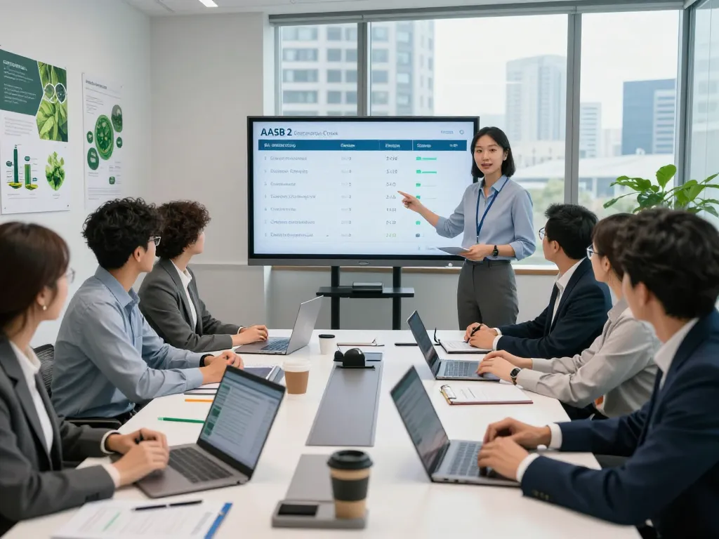 Consultants discussing AASB 2 compliance in a collaborative office setting with climate reporting metrics.