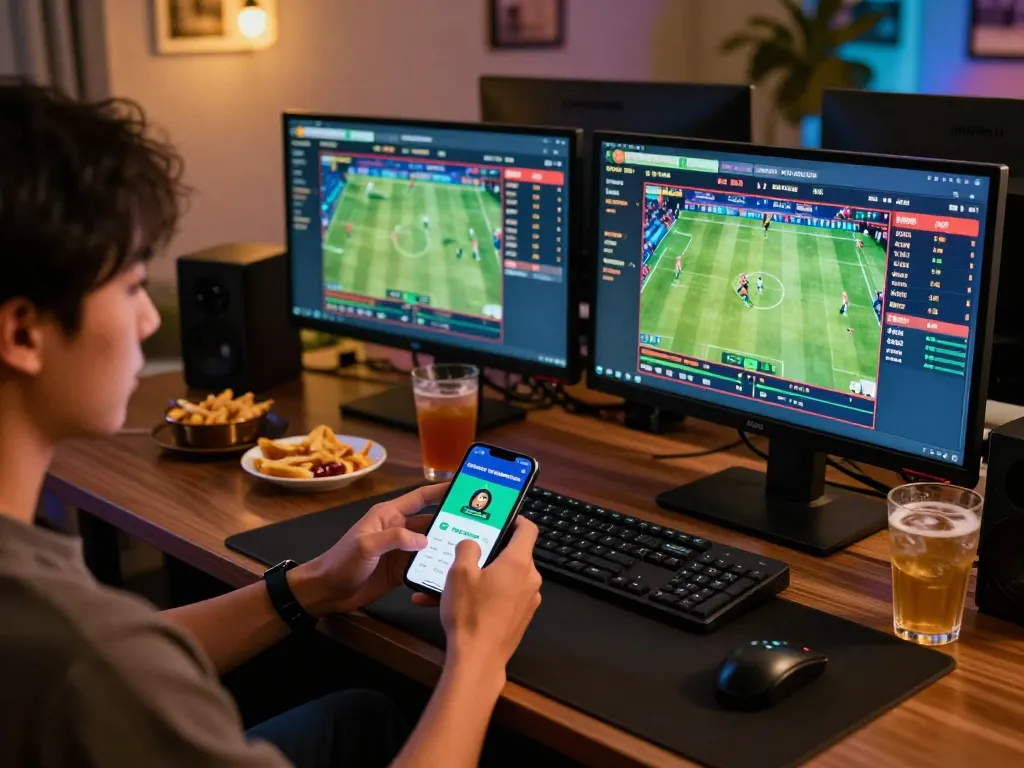 Placing bets on gojekpot app during a lively sports betting session at home