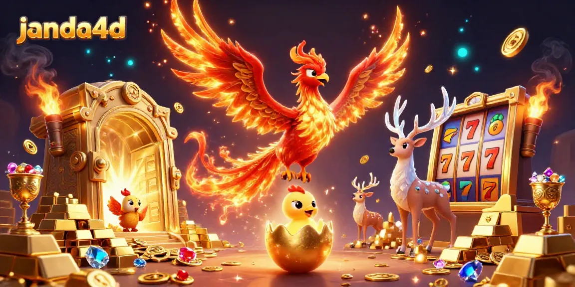 Janda4d menyajikan momen menyenangkan dengan karakter berbentuk phoenix dan elemen slot yang dinamis dalam ilustrasi 3D.