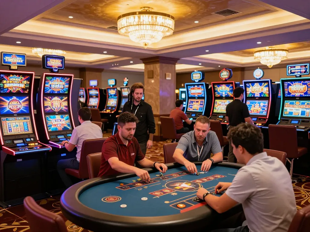 92slot players enjoying vibrant slot machines and table games in an elegant casino atmosphere