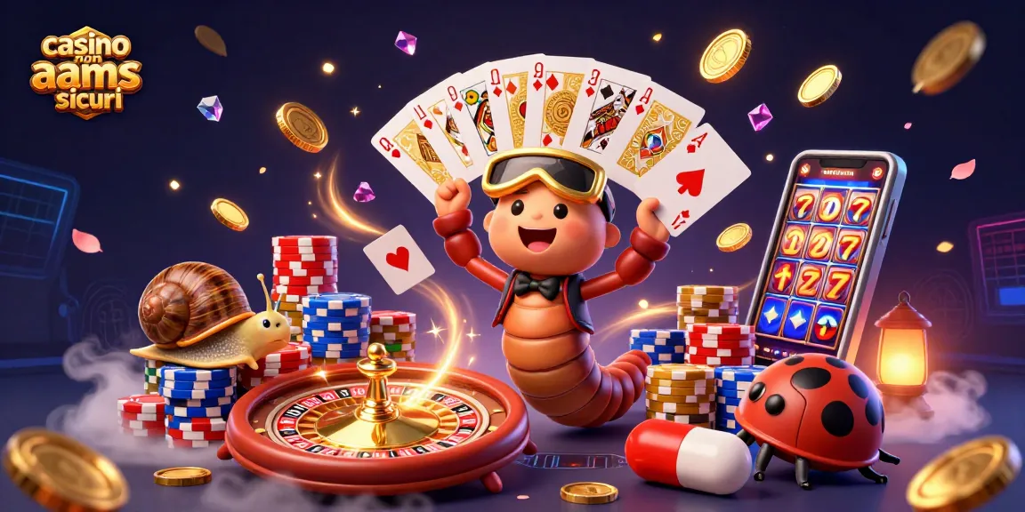 Giocatori nel casino non AAMS sicuri, carte e chip volanti in un'illustrazione vibrante.