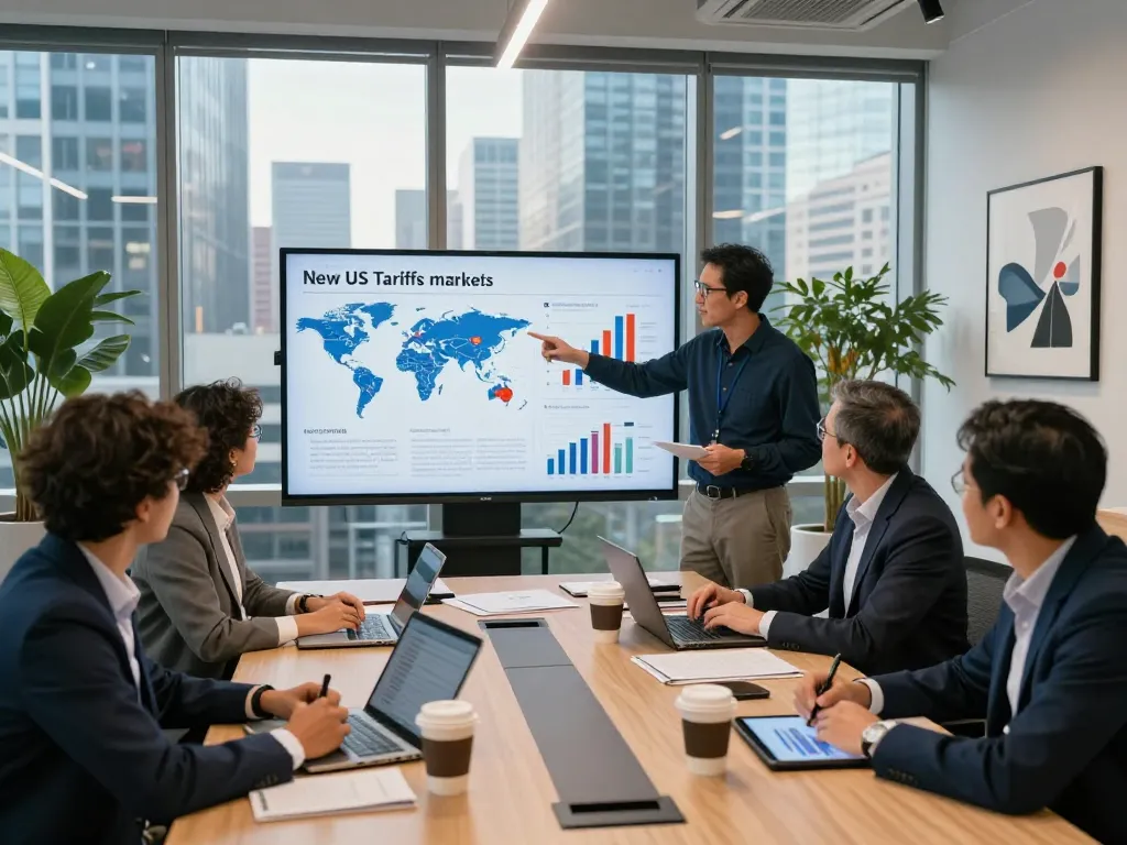 Economists engaging in discussion on New US Tariffs impact at a modern office table.