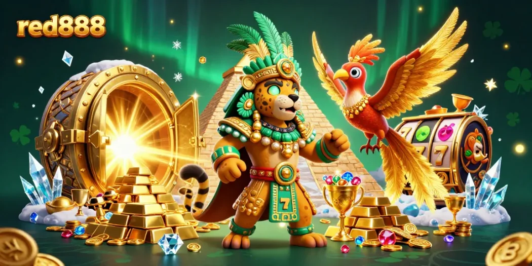 Experience the thrilling action of red888 with slots and treasures in an immersive casino scene.