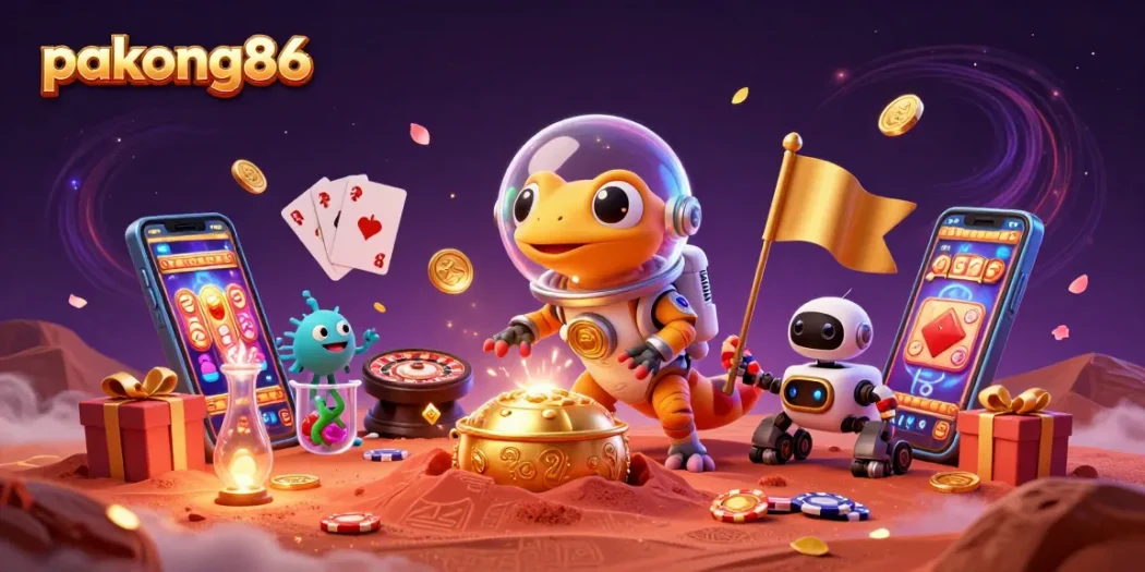 pakong86 showcases a vibrant 3D illustration of a Martian gecko exploring a golden casino filled with dynamic gaming elements.