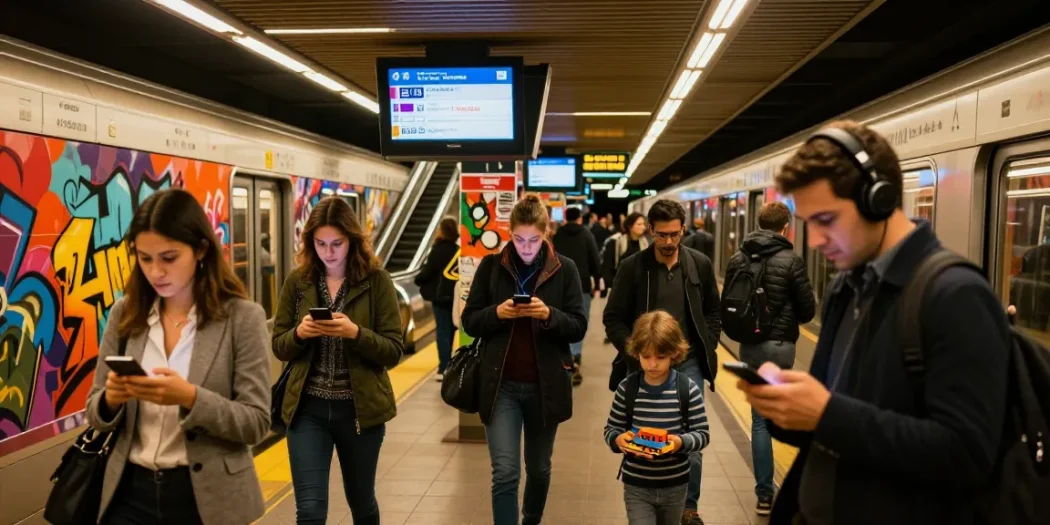 Live subway tracker displays real-time arrivals in a busy urban subway station filled with commuters.