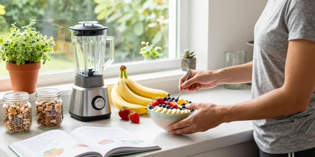 Engaging kitchen scene showing the best nutrition app in use while preparing a healthy smoothie bowl