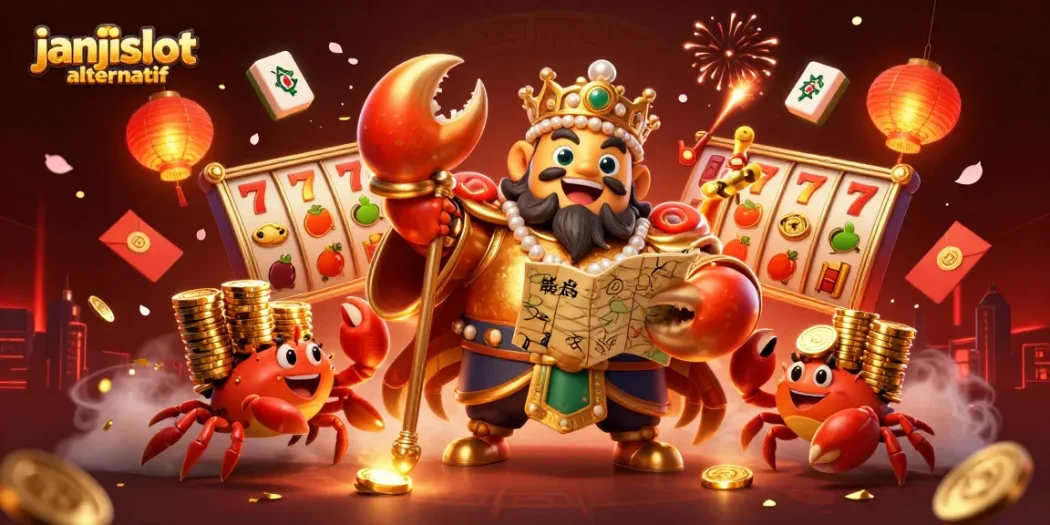 Experience the excitement of janjislot alternatif with a vibrant 3D illustration showcasing dynamic gaming elements and characters.