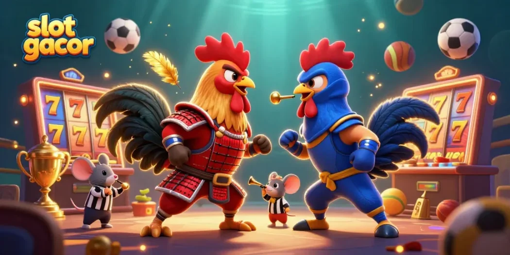 Experience the thrill of slot gacor with dynamic roosters and vivid casino elements in a colorful scene.