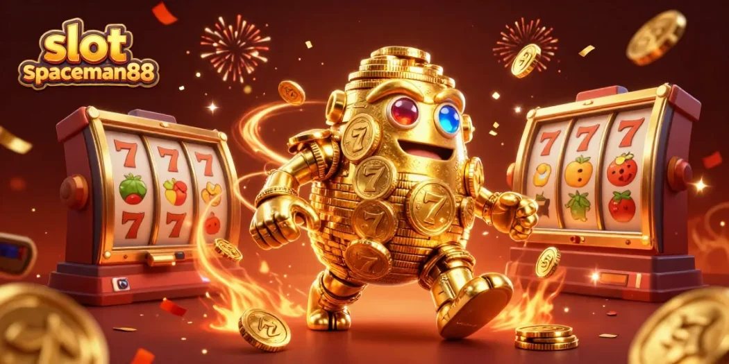 Spin to win big with slot spaceman88 featuring a golden golem, vibrant games symbols, and festive decor.
